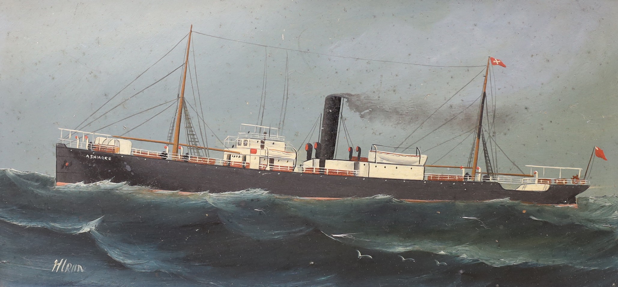 English School c.1900, oil on board, Portrait of the steamship Ashmore, indistinctly signed, 14 x 30cm